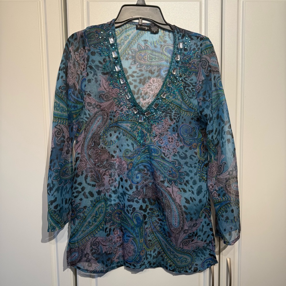Raviya Blue Paisley Beaded V-Neck Tunic